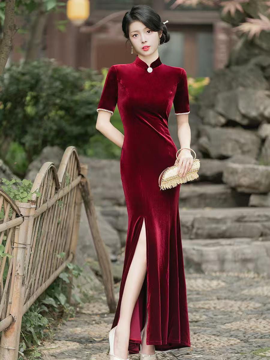 Women's Vintage Velvet Qipao Cheongsam Dress – additional product view
