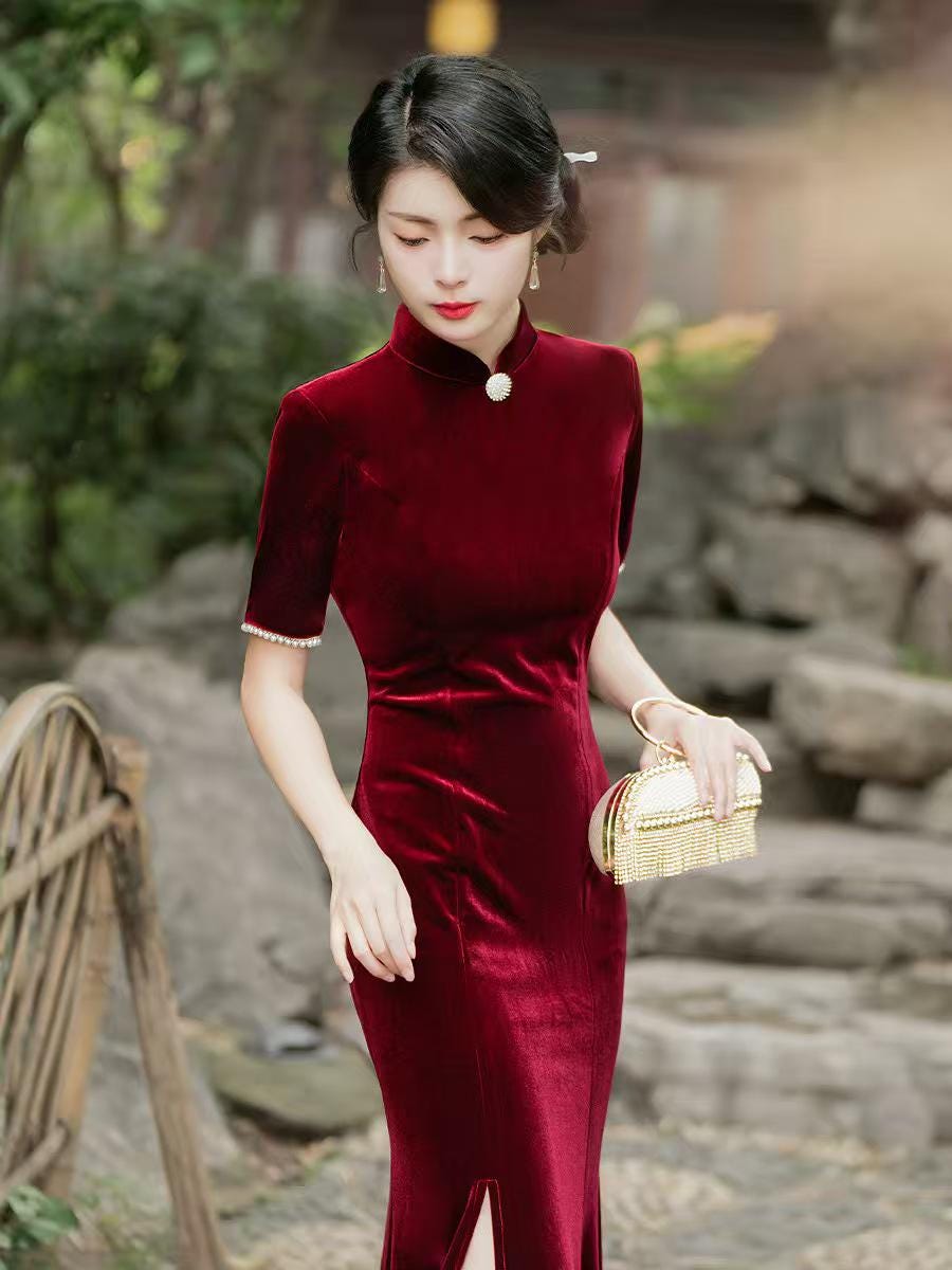 Women's Vintage Velvet Qipao Cheongsam Dress – additional product view