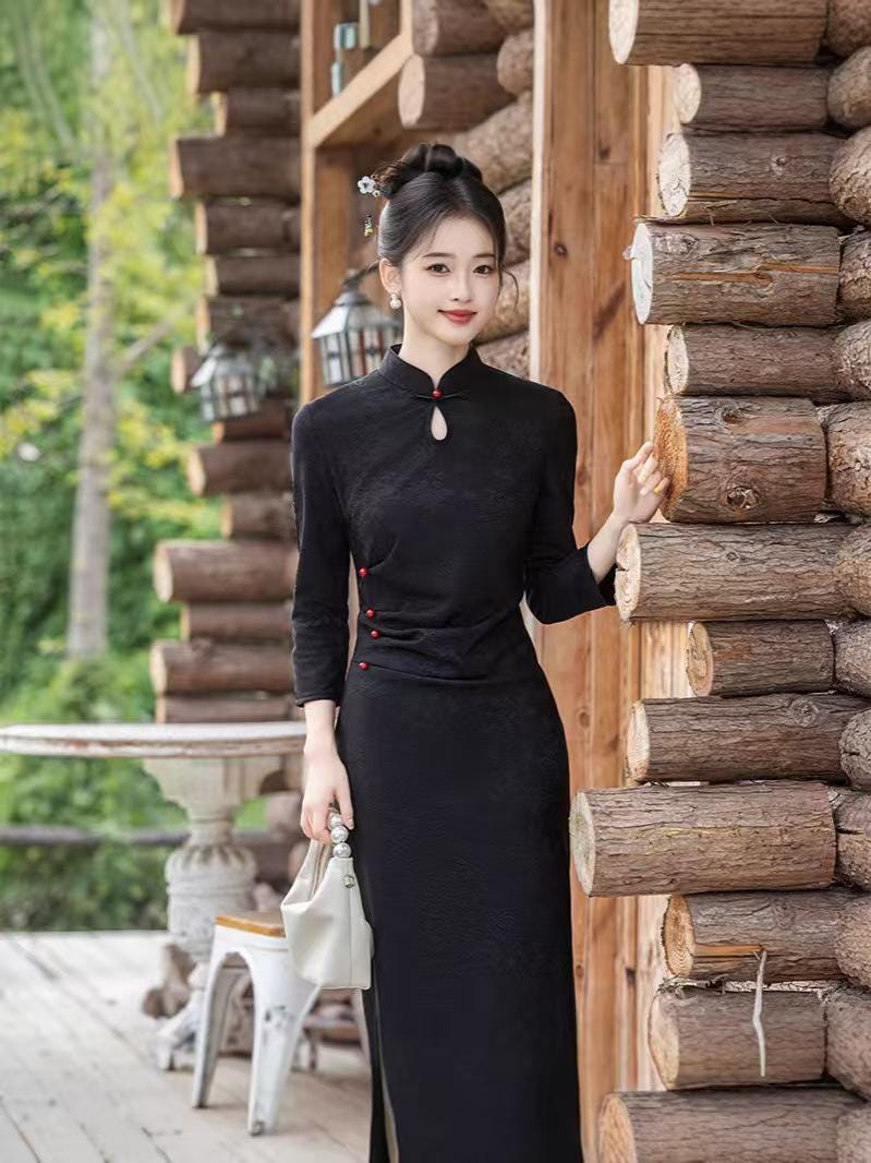 Women's Black Vintage Qipao Cheongsam Dress – Winter – additional product view
