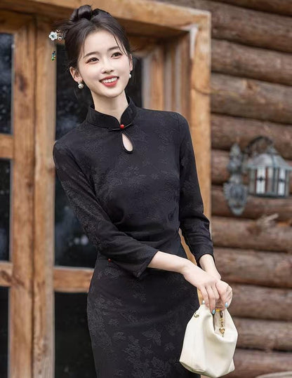 Women's Black Vintage Qipao Cheongsam Dress – Winter – additional product view