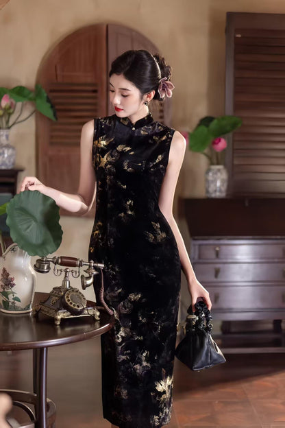 Women's Gold Elegant Velvet Qipao Cheongsam Dress – Printed