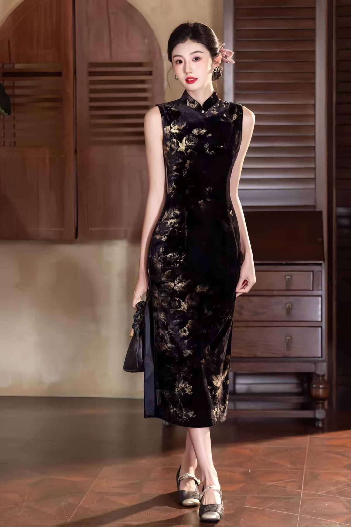 Women's Gold Elegant Velvet Qipao Cheongsam Dress – Printed – additional product view