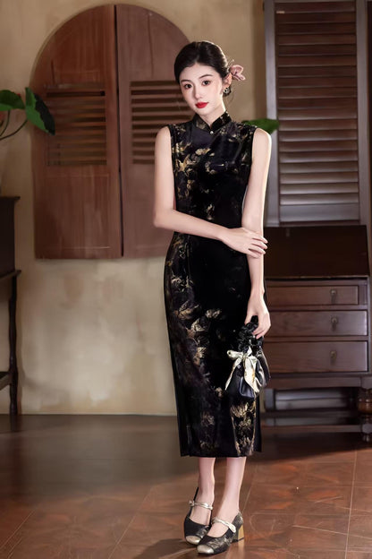 Women's Gold Elegant Velvet Qipao Cheongsam Dress – Printed – additional product view