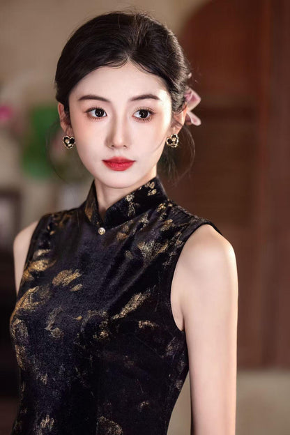 Women's Gold Elegant Velvet Qipao Cheongsam Dress – Printed – additional product view