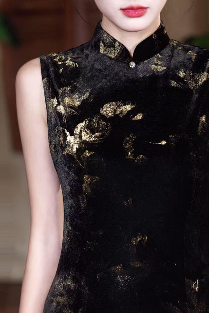 Women's Gold Elegant Velvet Qipao Cheongsam Dress – Printed – additional product view