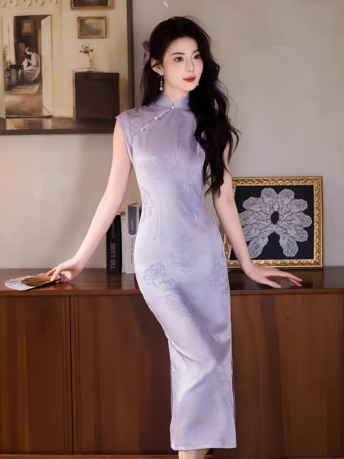 Women's Floral Qipao Cheongsam Dress – Jacquard Mandarin Collar Fitted – additional product view