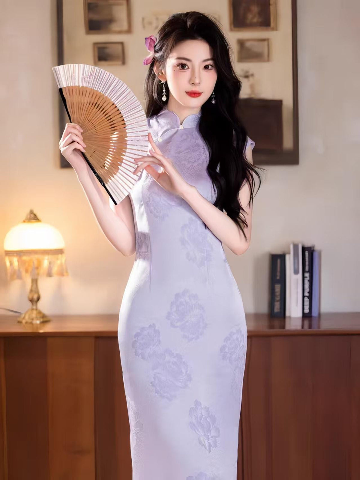 Women's Floral Qipao Cheongsam Dress – Jacquard Mandarin Collar Fitted – additional product view