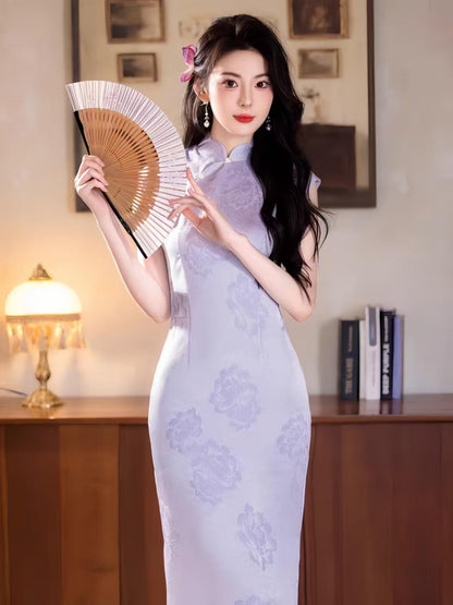 Women's Floral Qipao Cheongsam Dress – Jacquard Mandarin Collar Fitted – additional product view