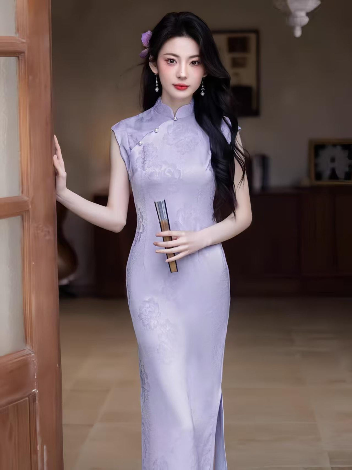 Women's Floral Qipao Cheongsam Dress – Jacquard Mandarin Collar Fitted – additional product view