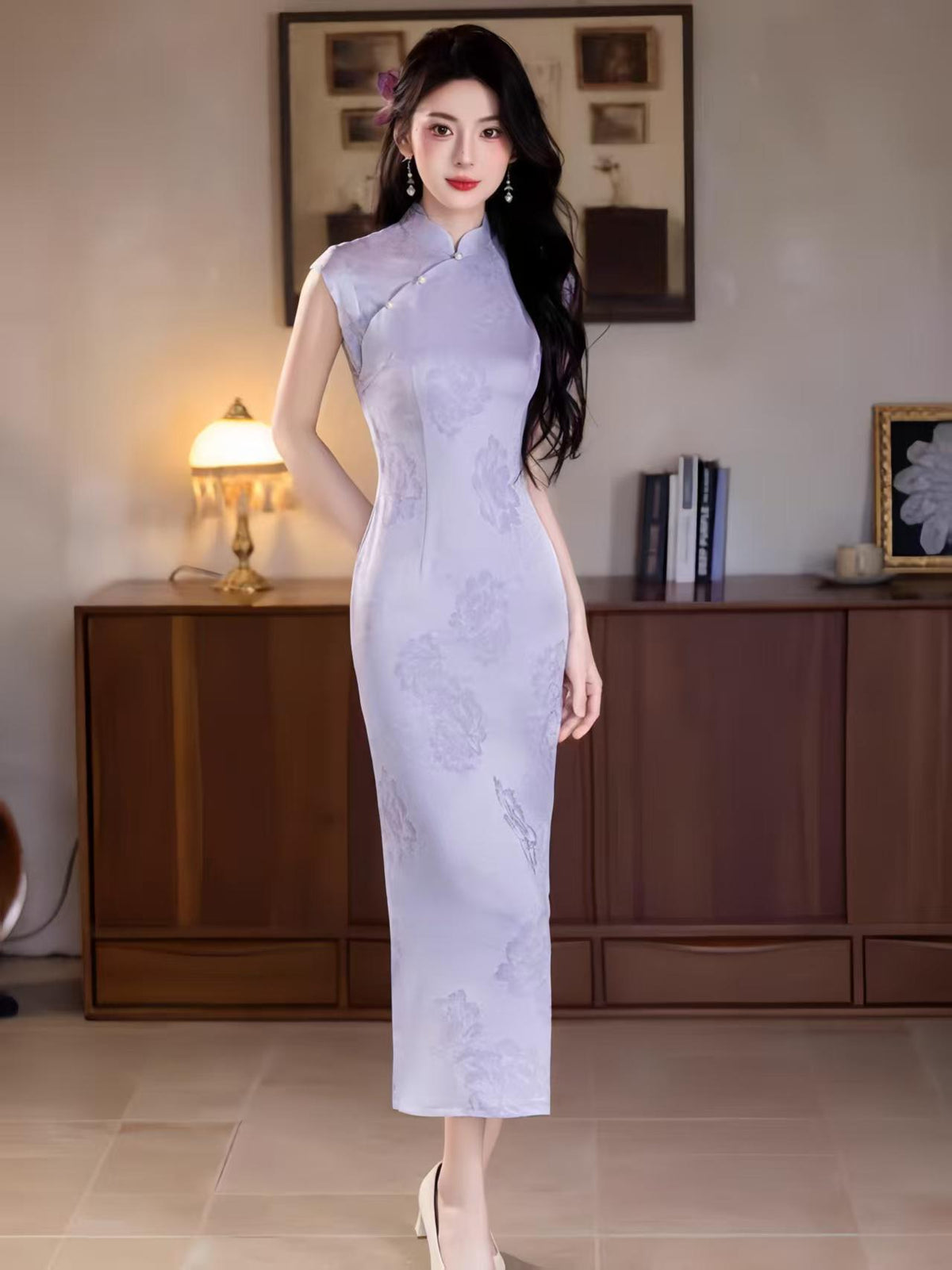 Women's Floral Qipao Cheongsam Dress – Jacquard Mandarin Collar Fitted – additional product view