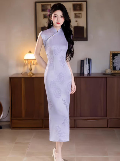 Women's Floral Qipao Cheongsam Dress – Jacquard Mandarin Collar Fitted – additional product view