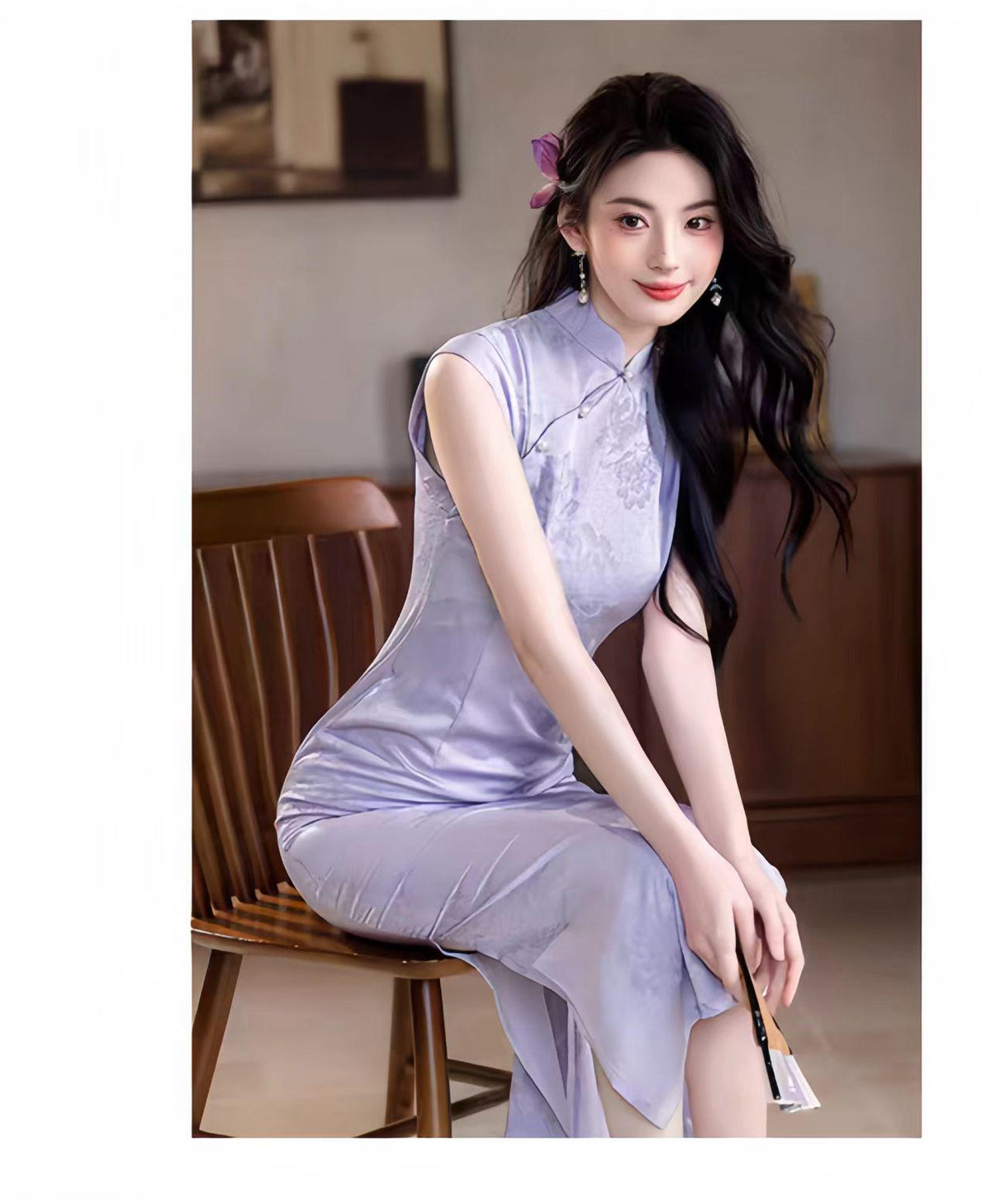Women's Floral Qipao Cheongsam Dress – Jacquard Mandarin Collar Fitted – additional product view