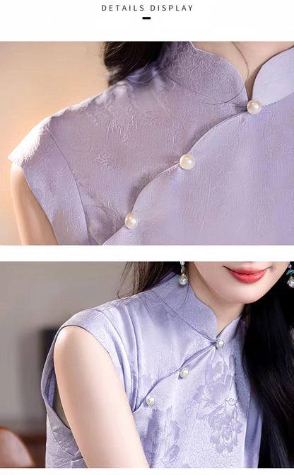 Women's Floral Qipao Cheongsam Dress – Jacquard Mandarin Collar Fitted – additional product view