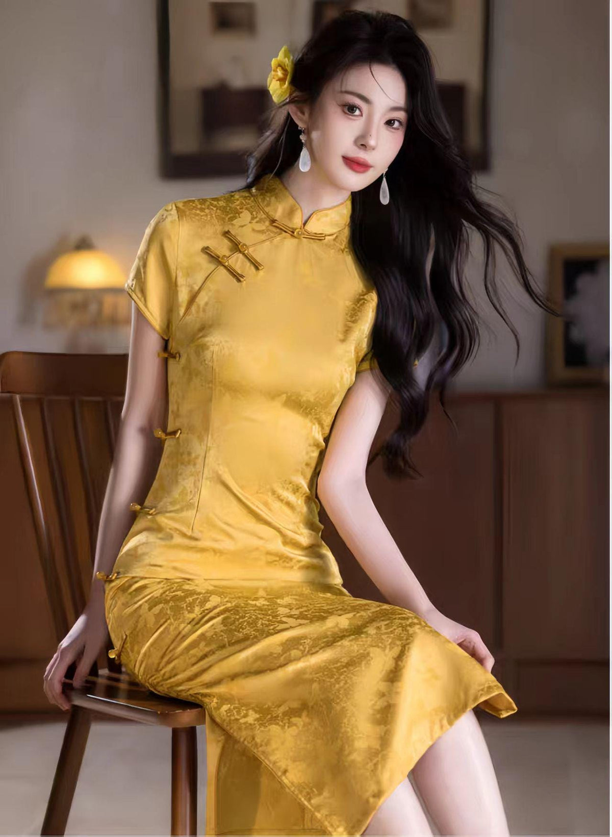 Women's Gold Vintage Qipao Cheongsam Dress – additional product view