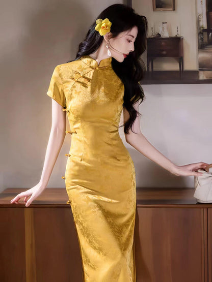 Women's Gold Vintage Qipao Cheongsam Dress – additional product view