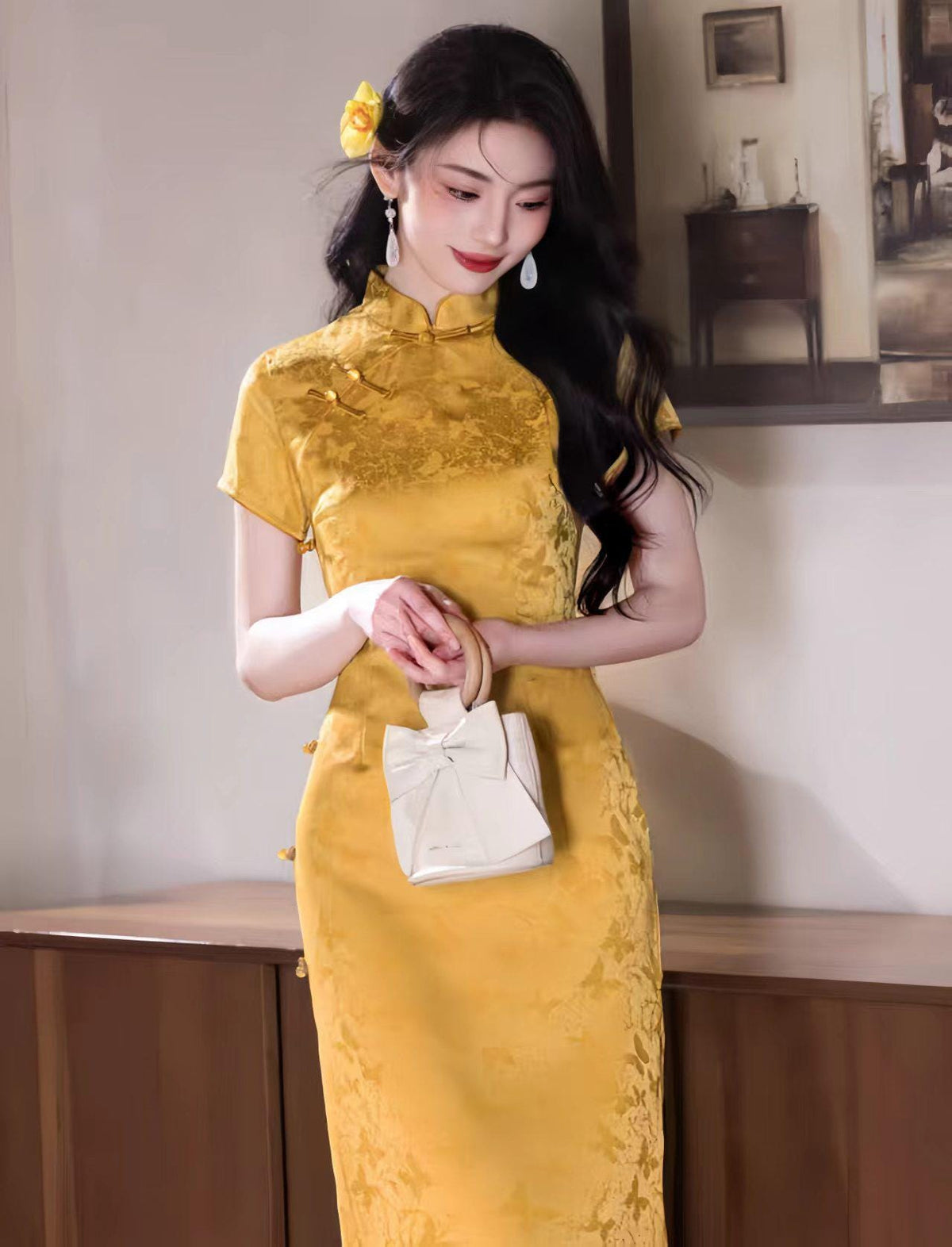 Women's Gold Vintage Qipao Cheongsam Dress – additional product view