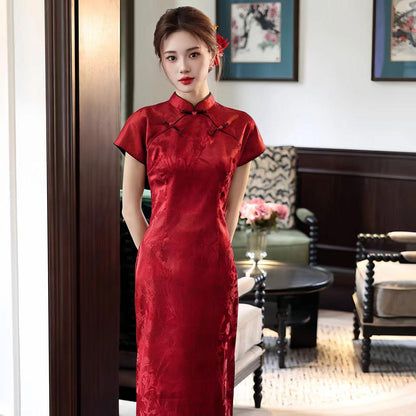 Women's Red Elegant Qipao Cheongsam Dress – Jacquard – additional product view
