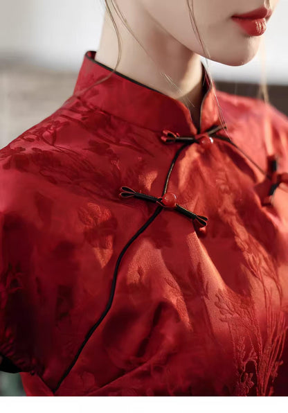 Women's Red Elegant Qipao Cheongsam Dress – Jacquard – additional product view