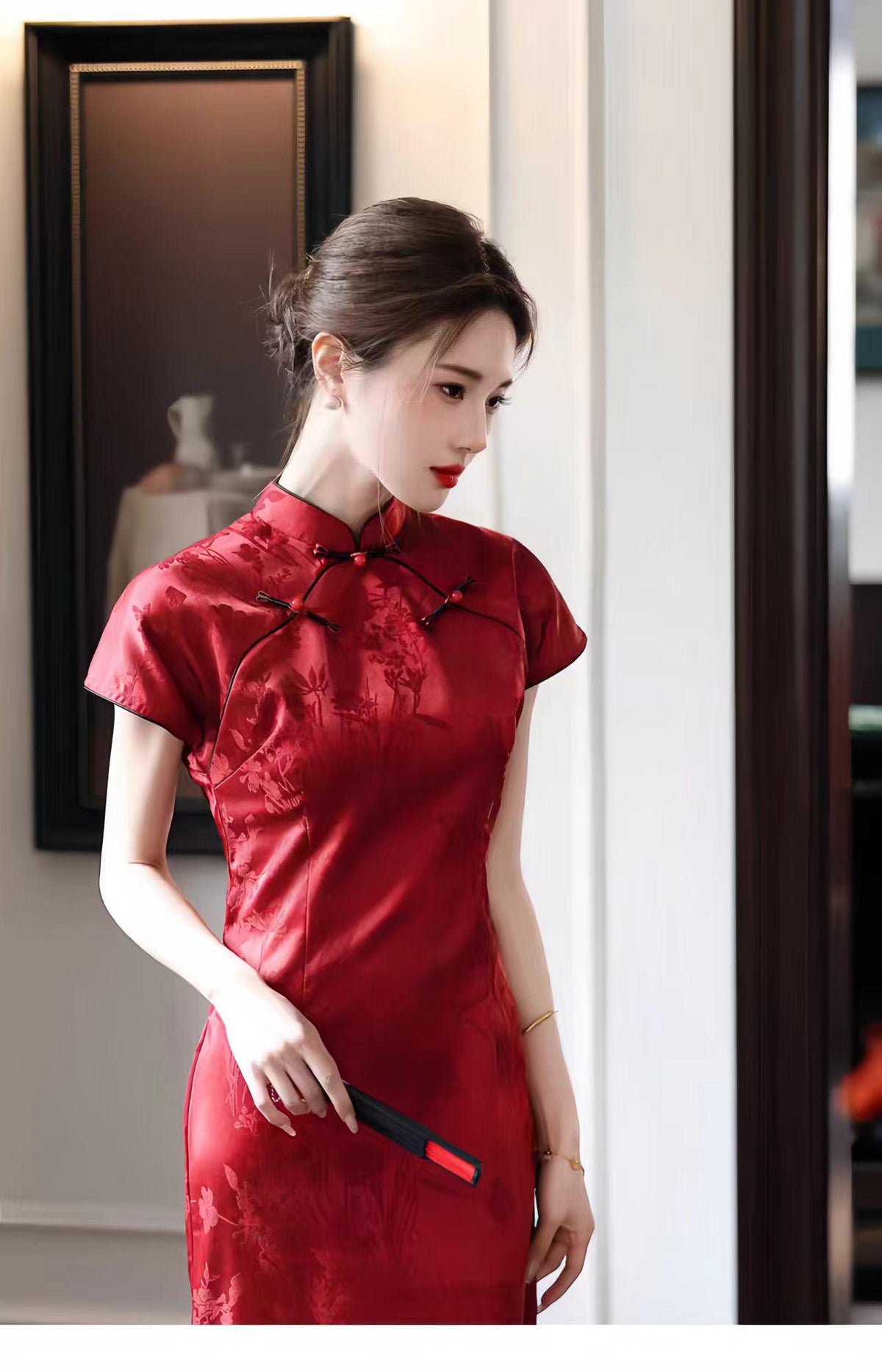 Women's Red Elegant Qipao Cheongsam Dress – Jacquard – additional product view