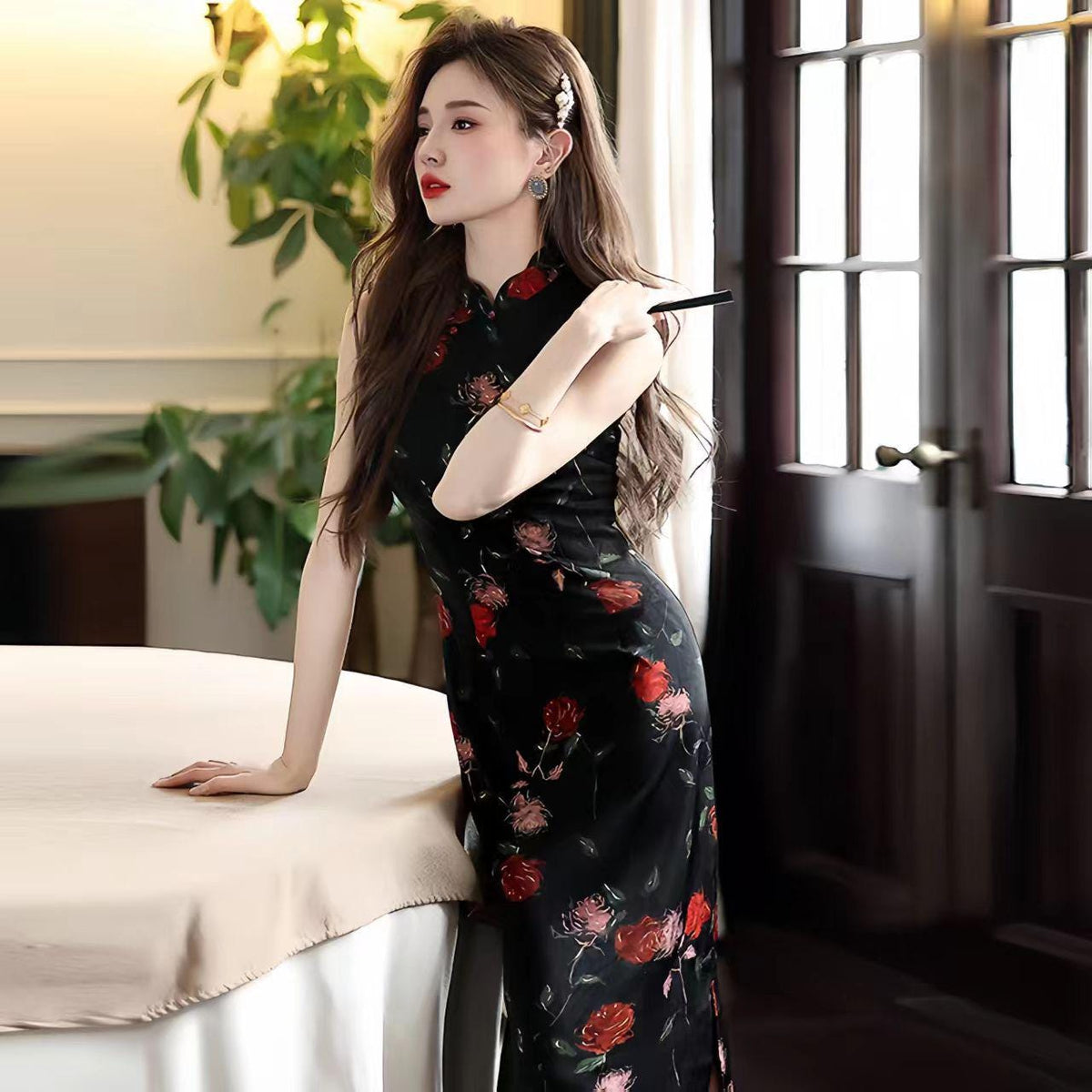 Women's Black Floral Qipao Cheongsam Dress – additional product view