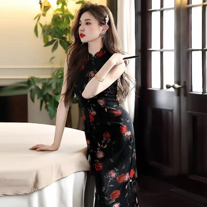 Women's Black Floral Qipao Cheongsam Dress – additional product view