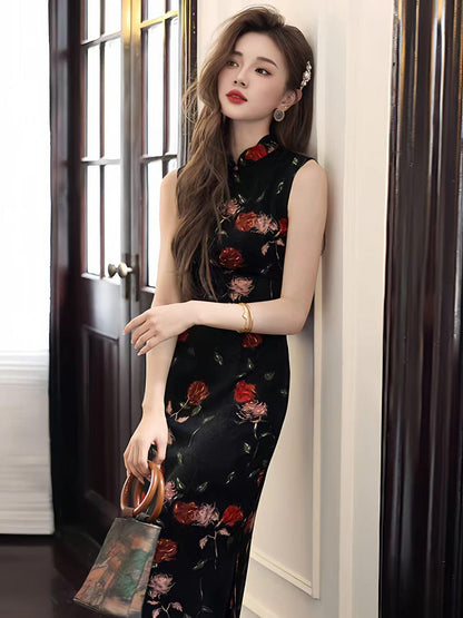 Women's Black Floral Qipao Cheongsam Dress – additional product view