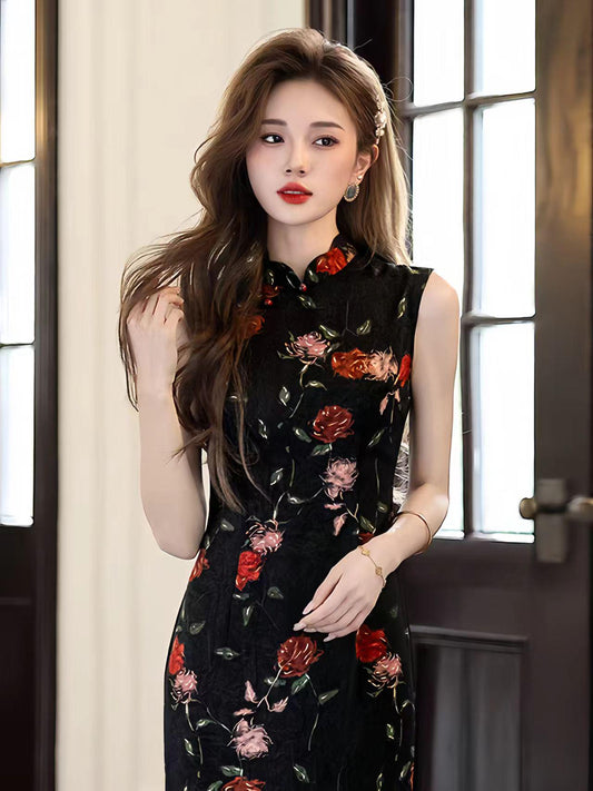 Women's Black Floral Qipao Cheongsam Dress