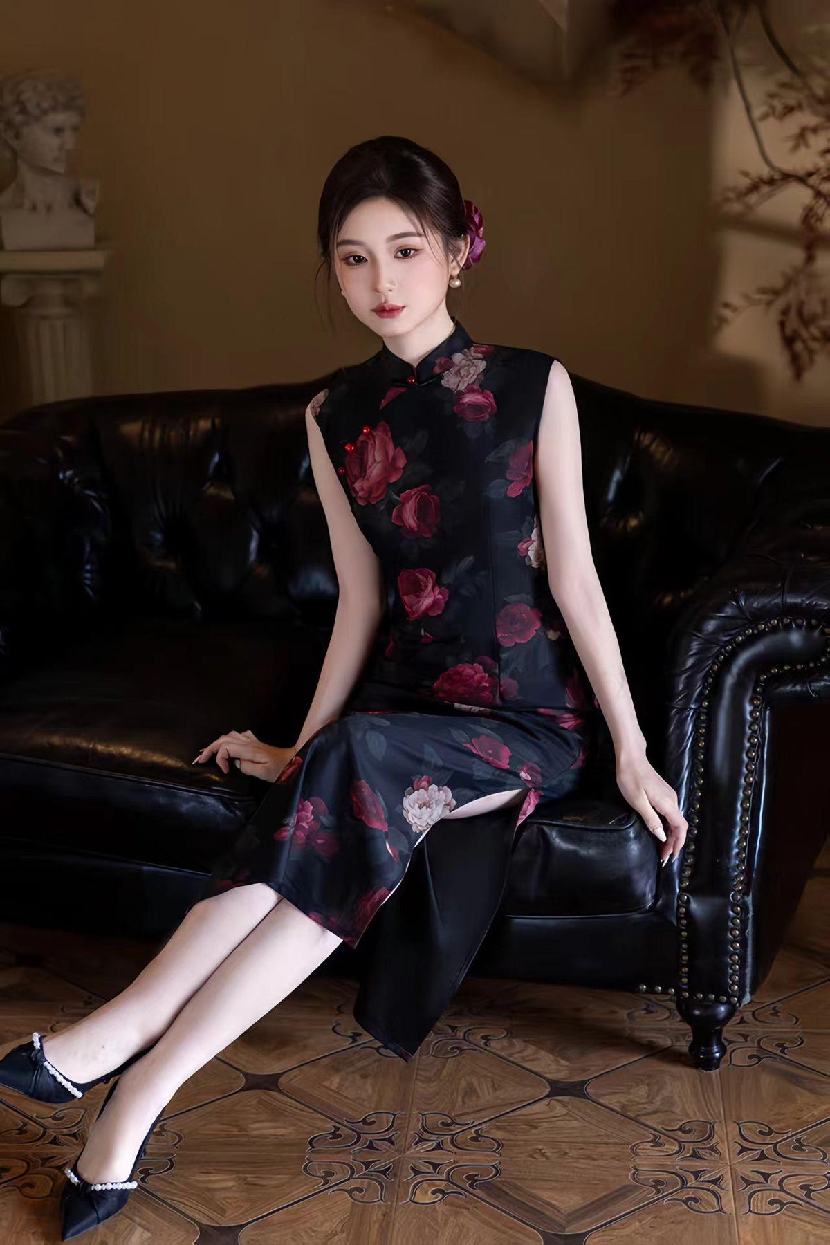 Women's Black Floral Mesh Qipao Cheongsam Dress – additional product view