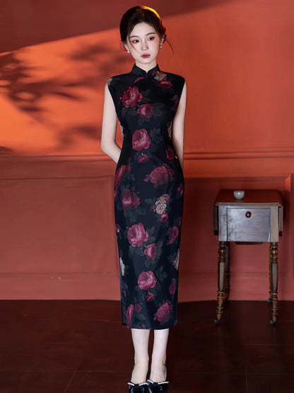 Women's Black Floral Mesh Qipao Cheongsam Dress – additional product view