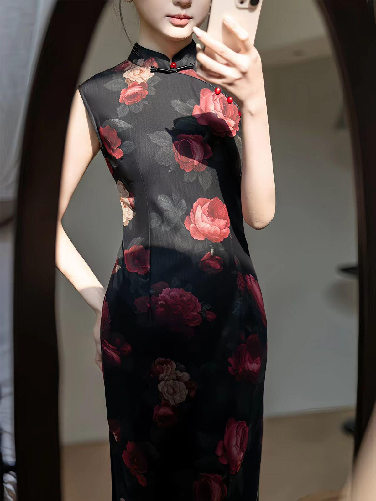 Women's Black Floral Mesh Qipao Cheongsam Dress – additional product view