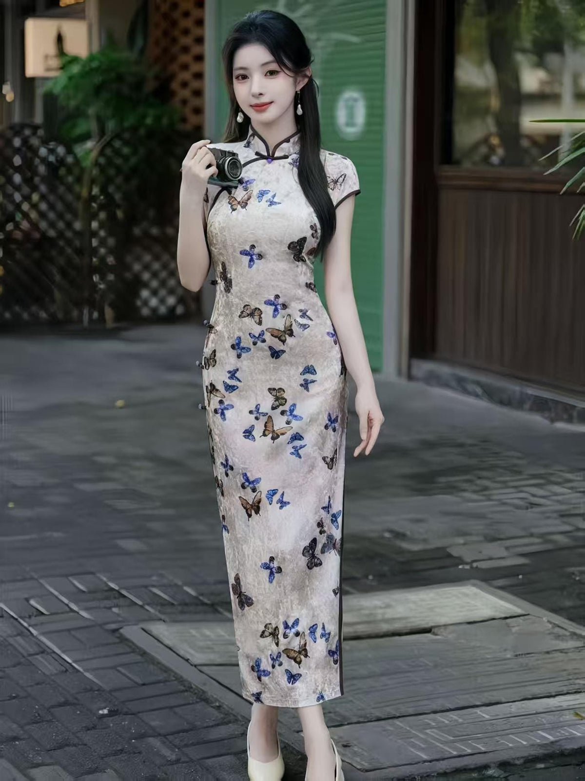 Women's Elegant Velvet Qipao Cheongsam Dress – Butterfly Midi Fitted – additional product view
