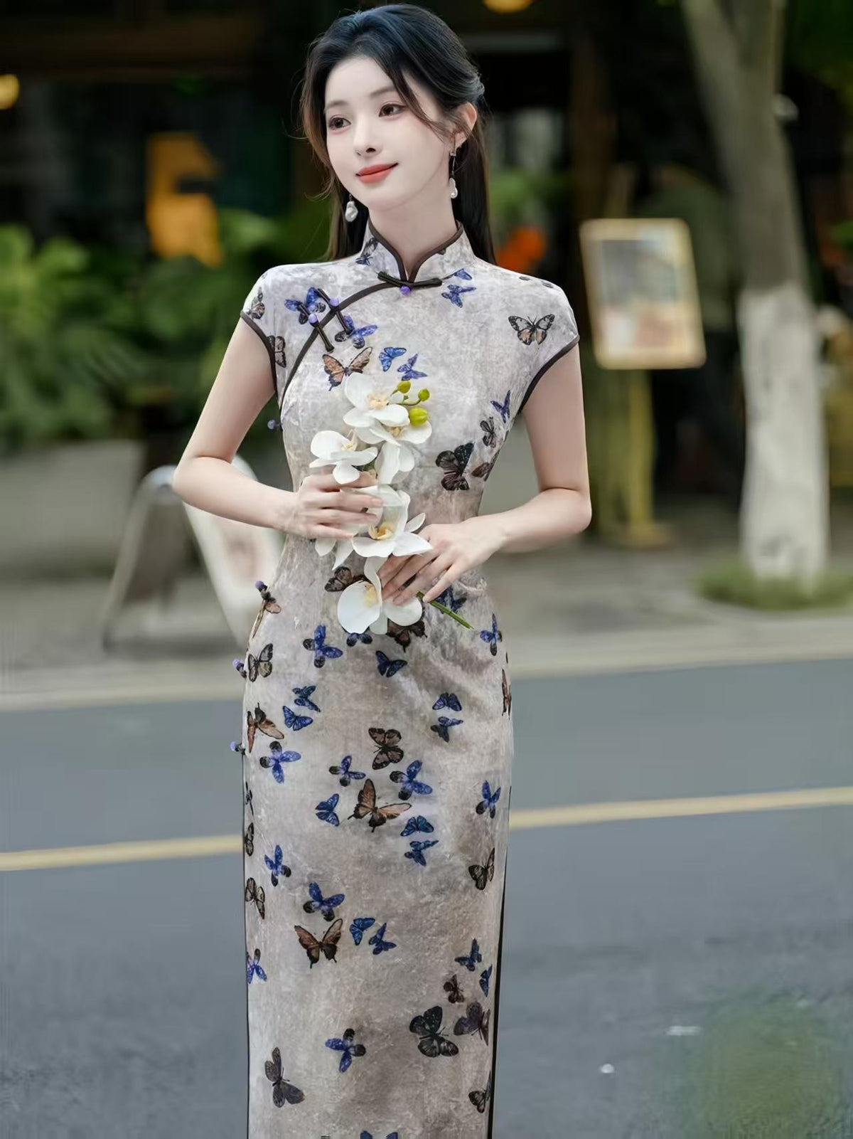 Women's Elegant Velvet Qipao Cheongsam Dress – Butterfly Midi Fitted – additional product view
