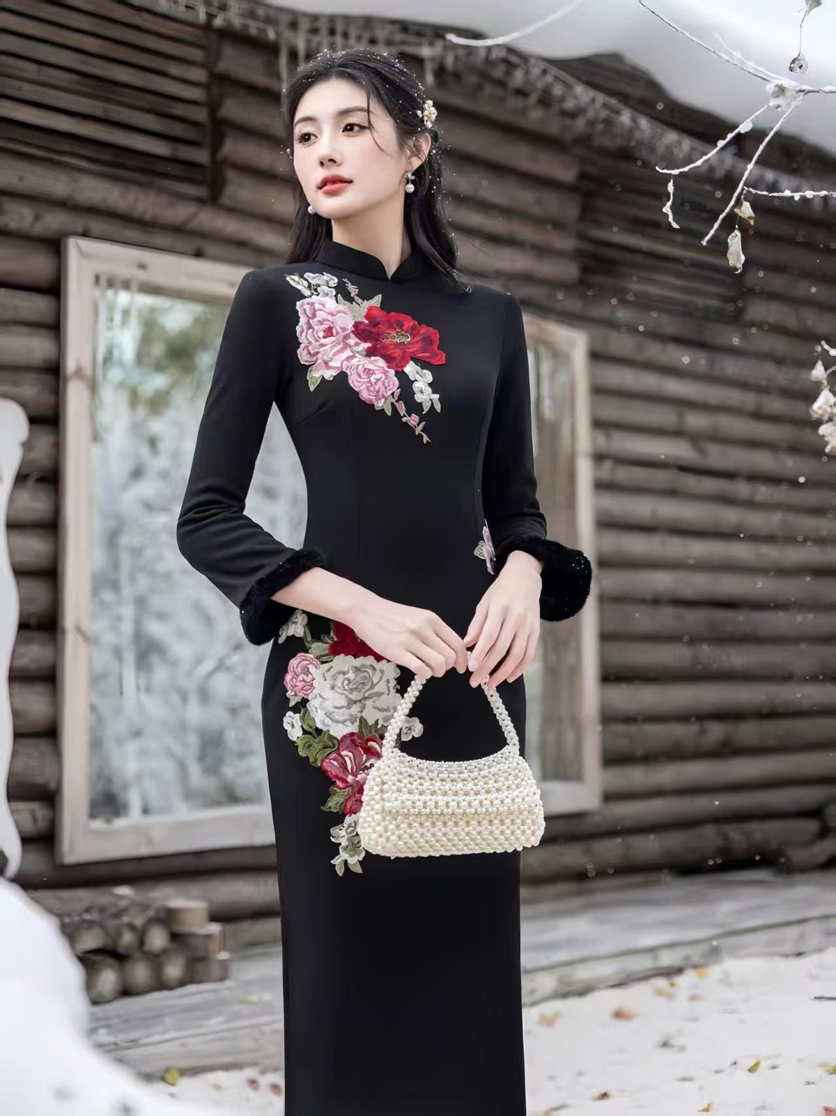 Women's Black Floral Qipao Cheongsam Dress – additional product view