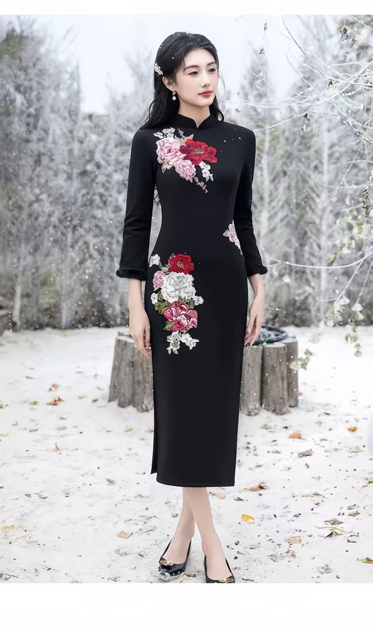 Women's Black Floral Qipao Cheongsam Dress – additional product view