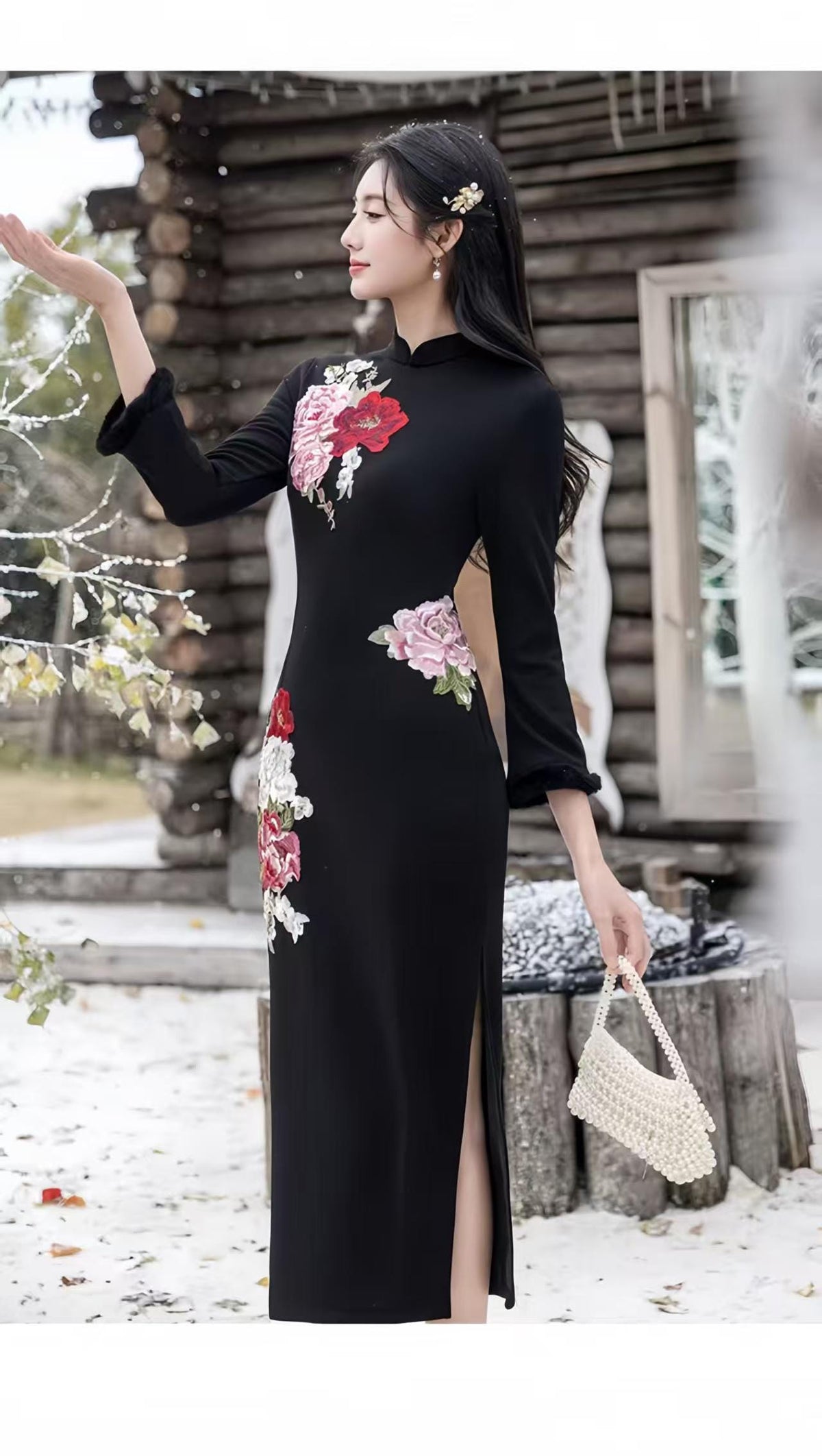 Women's Black Floral Qipao Cheongsam Dress – additional product view