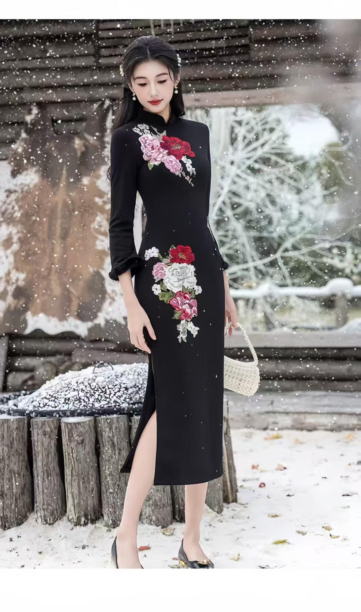 Women's Black Floral Qipao Cheongsam Dress – additional product view