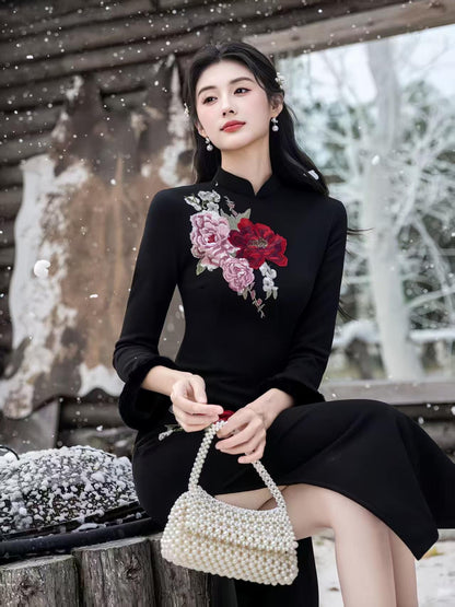 Women's Black Floral Qipao Cheongsam Dress – additional product view