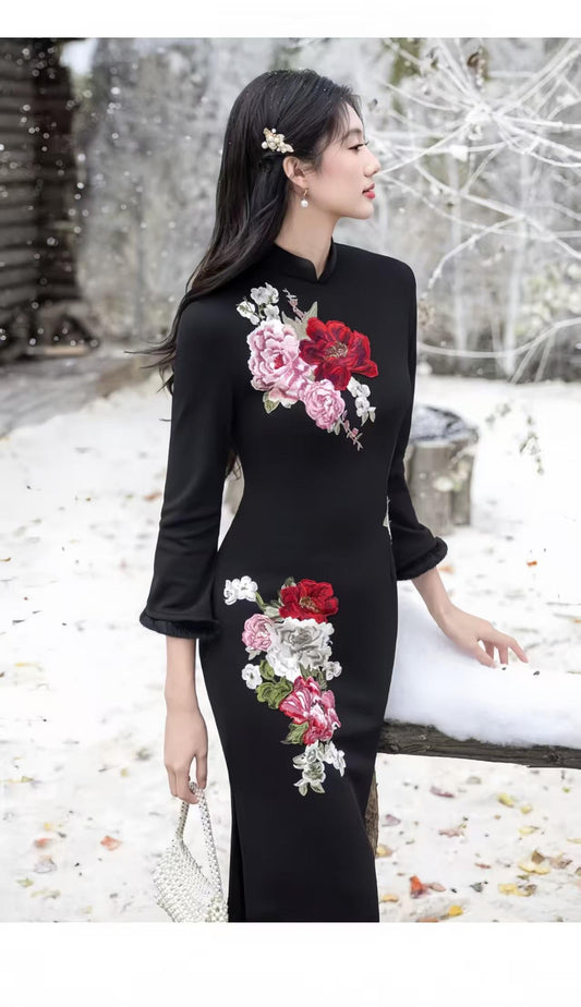 Women's Black Floral Qipao Cheongsam Dress