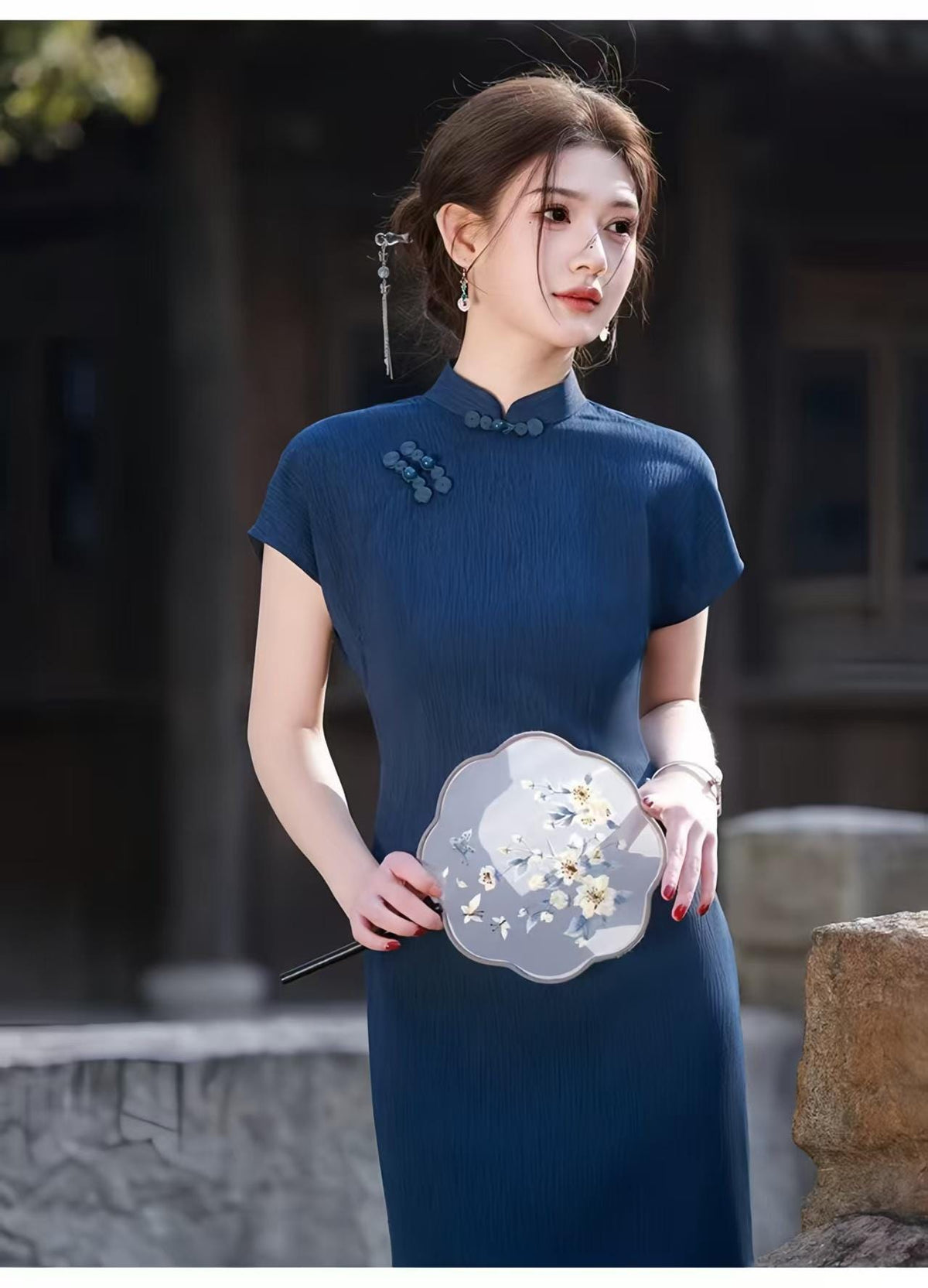 Women's Blue Floral Qipao Cheongsam Dress – additional product view