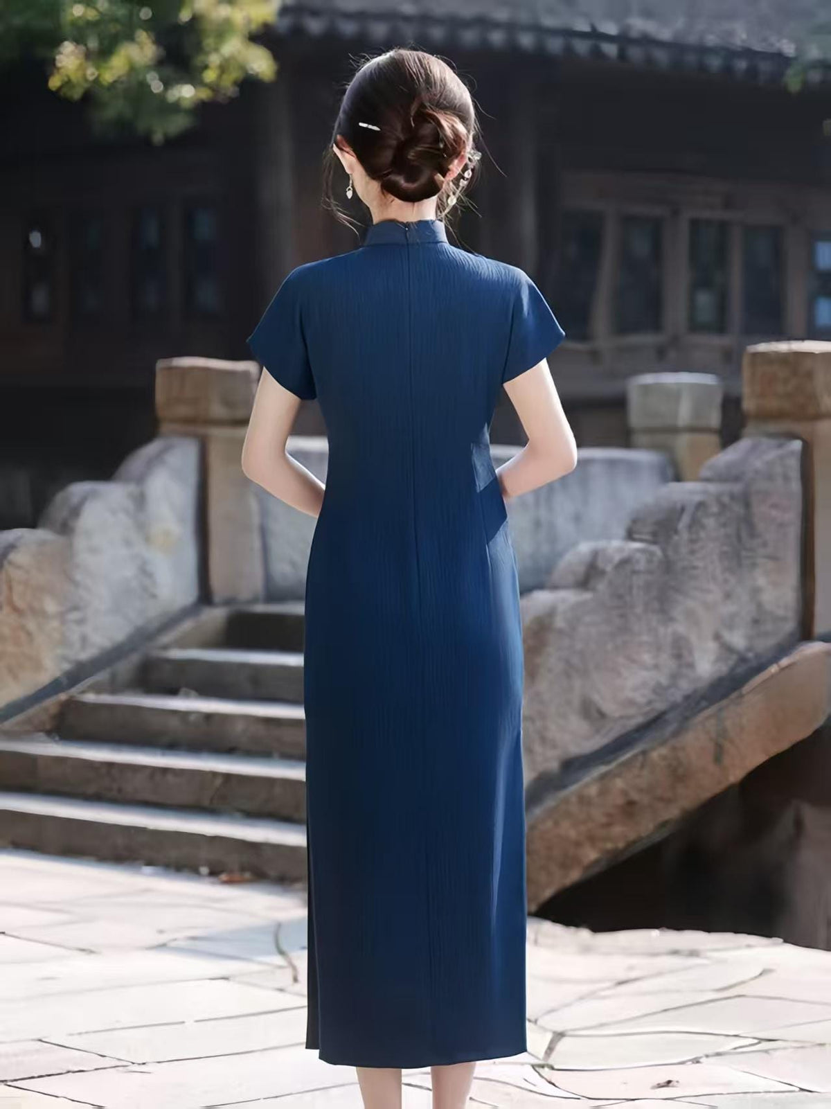 Women's Blue Floral Qipao Cheongsam Dress – additional product view