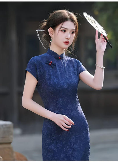 Women's Blue Elegant Qipao Cheongsam Dress – Jacquard Maxi