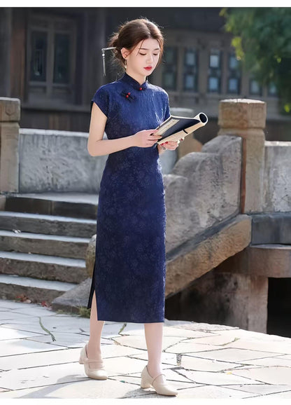 Women's Blue Elegant Qipao Cheongsam Dress – Jacquard Maxi – additional product view