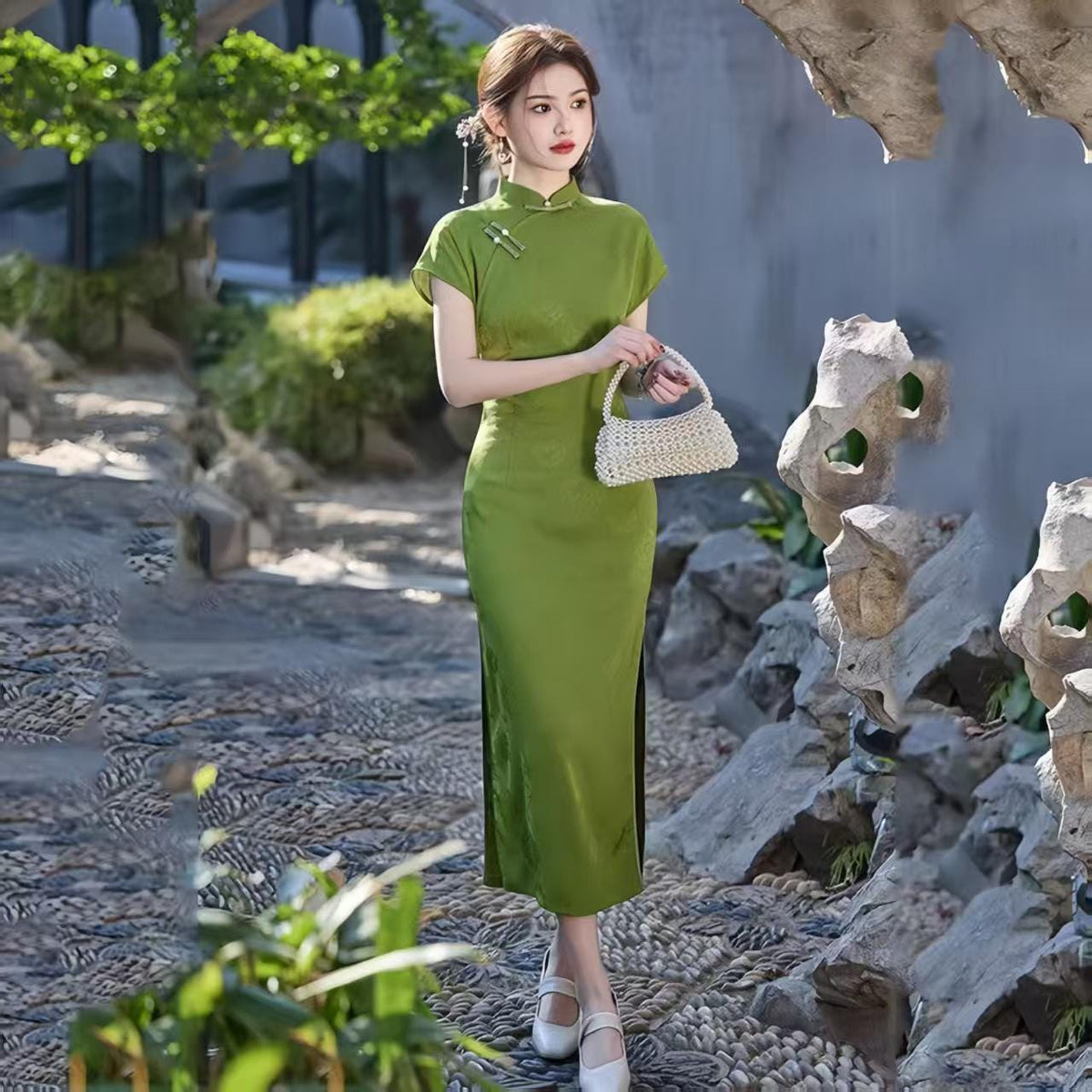 Women's Green Elegant Qipao Cheongsam Dress – Jacquard Midi Fitted – additional product view