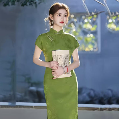 Women's Green Elegant Qipao Cheongsam Dress – Jacquard Midi Fitted – additional product view