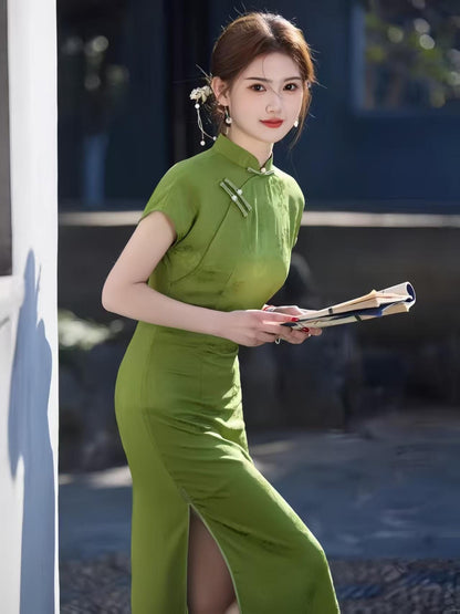 Women's Green Elegant Qipao Cheongsam Dress – Jacquard Midi Fitted – additional product view