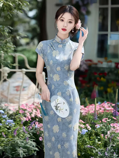 Women's Blue Floral Qipao Cheongsam Dress – additional product view