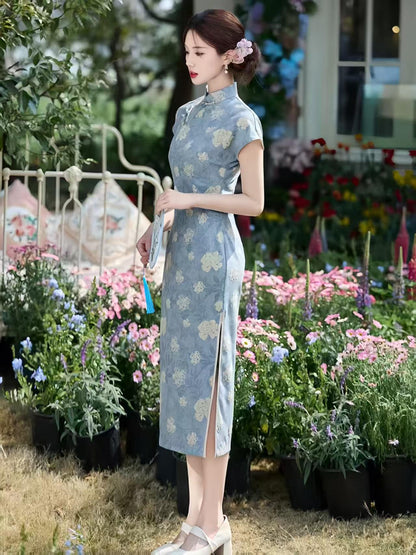 Women's Blue Floral Qipao Cheongsam Dress – additional product view