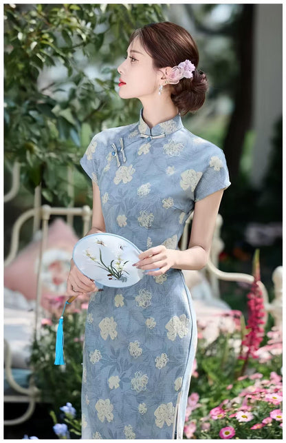 Women's Blue Floral Qipao Cheongsam Dress – additional product view