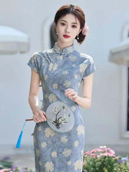 Women's Blue Floral Qipao Cheongsam Dress
