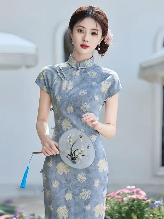 Women's Blue Floral Qipao Cheongsam Dress